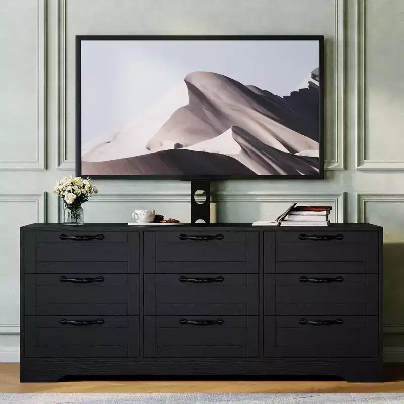 Commode moderne à 9 tiroirs, meuble TV avec support pour téléviseurs de 32 à 85 pouces, nombreux tiroirs de rangement, table console multimédia robuste, pour chambre ou salon, noire