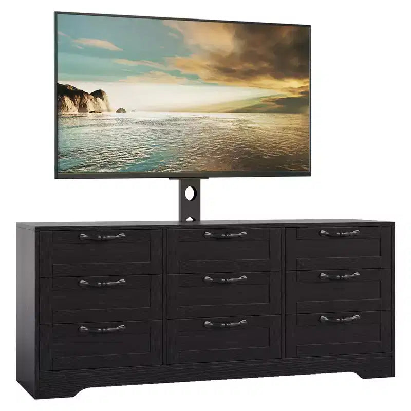 Commode moderne à 9 tiroirs, meuble TV avec support pour téléviseurs de 32 à 85 pouces, nombreux tiroirs de rangement, table console multimédia robuste, pour chambre ou salon, noire