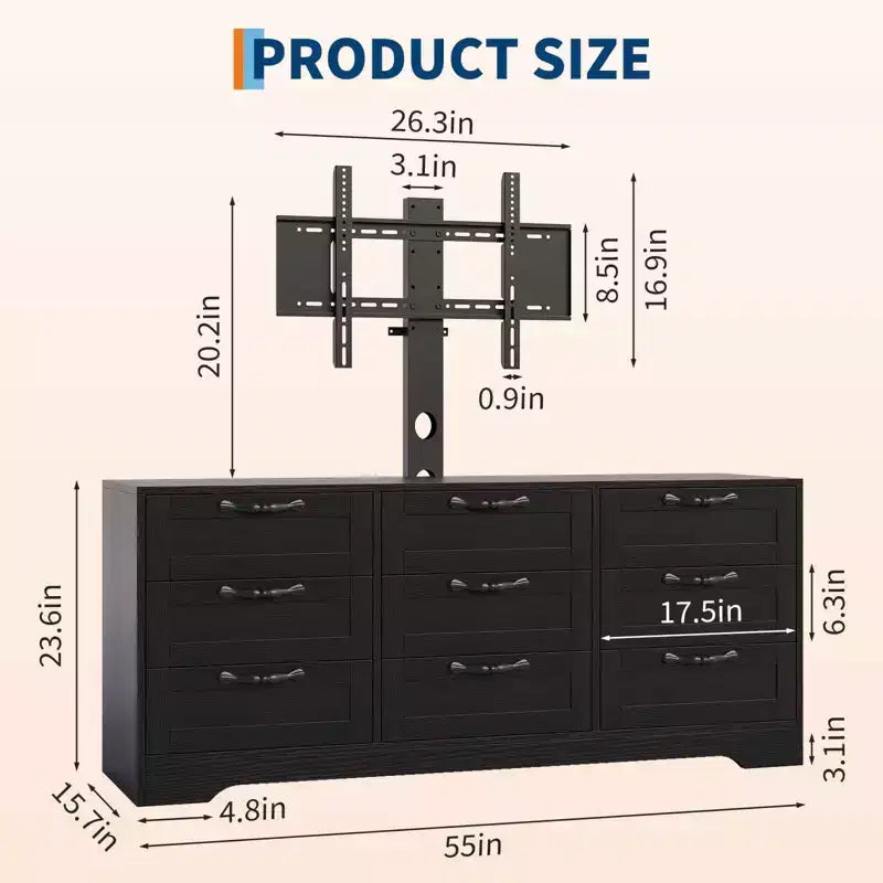 Commode moderne à 9 tiroirs, meuble TV avec support pour téléviseurs de 32 à 85 pouces, nombreux tiroirs de rangement, table console multimédia robuste, pour chambre ou salon, noire