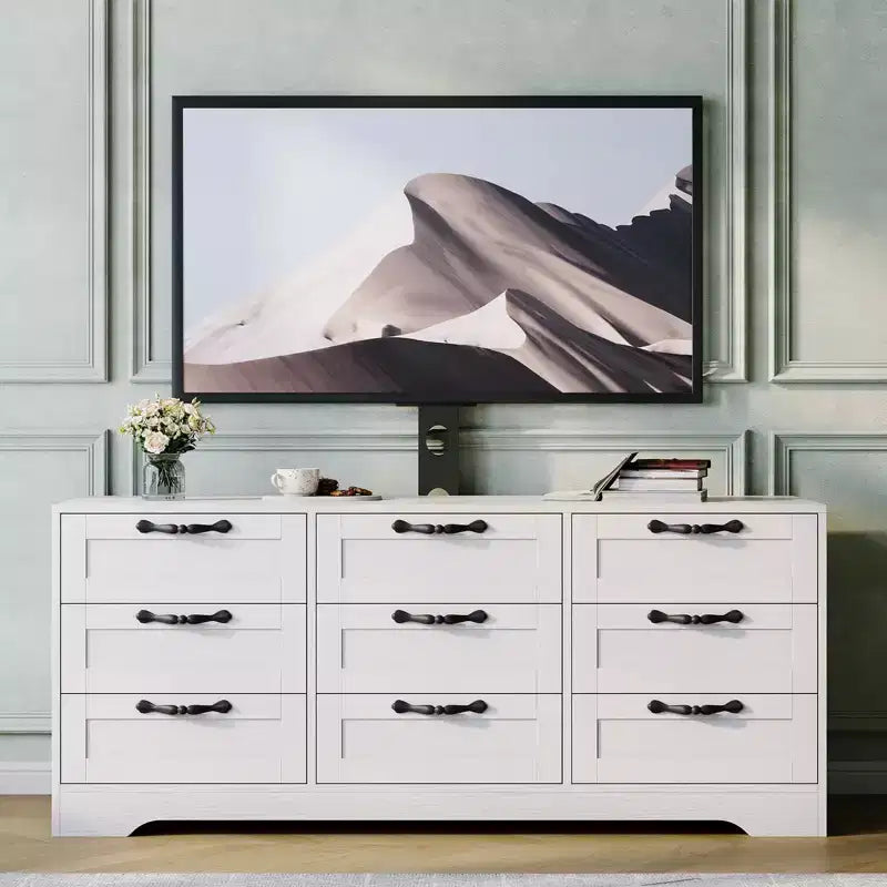Commode moderne à 9 tiroirs, meuble TV avec support pour téléviseurs de 32 à 85 pouces, nombreux tiroirs de rangement, table console multimédia robuste, pour chambre ou salon, noire