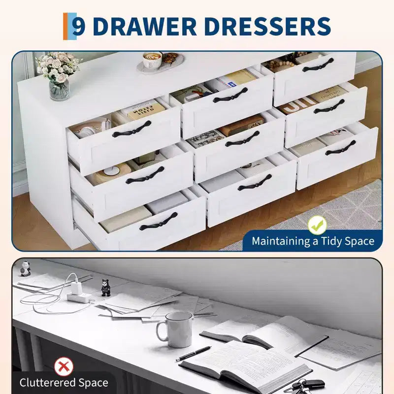 Commode moderne à 9 tiroirs, meuble TV avec support pour téléviseurs de 32 à 85 pouces, nombreux tiroirs de rangement, table console multimédia robuste, pour chambre ou salon, noire
