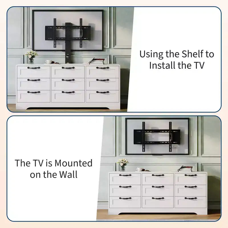 Commode moderne à 9 tiroirs, meuble TV avec support pour téléviseurs de 32 à 85 pouces, nombreux tiroirs de rangement, table console multimédia robuste, pour chambre ou salon, noire