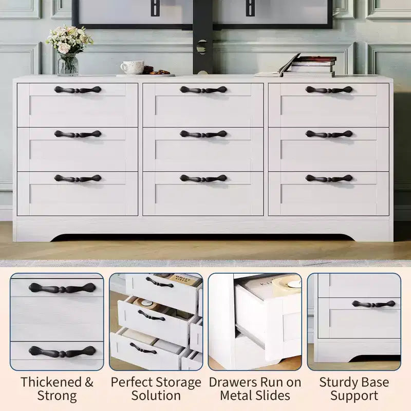 Commode moderne à 9 tiroirs, meuble TV avec support pour téléviseurs de 32 à 85 pouces, nombreux tiroirs de rangement, table console multimédia robuste, pour chambre ou salon, noire