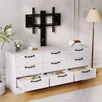 Commode moderne à 9 tiroirs, meuble TV avec support pour téléviseurs de 32 à 85 pouces, nombreux tiroirs de rangement, table console multimédia robuste, pour chambre ou salon, noire