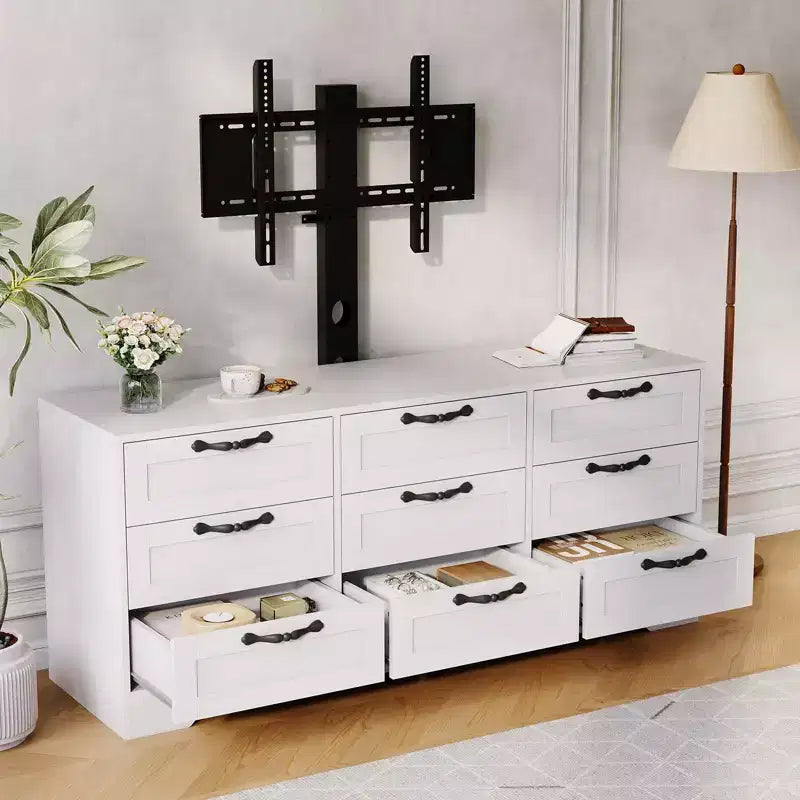 Commode moderne à 9 tiroirs, meuble TV avec support pour téléviseurs de 32 à 85 pouces, nombreux tiroirs de rangement, table console multimédia robuste, pour chambre ou salon, noire