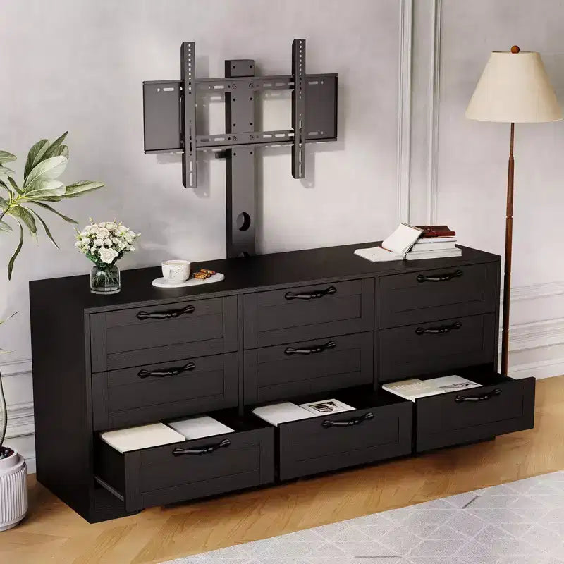 Commode moderne à 9 tiroirs, meuble TV avec support pour téléviseurs de 32 à 85 pouces, nombreux tiroirs de rangement, table console multimédia robuste, pour chambre ou salon, noire
