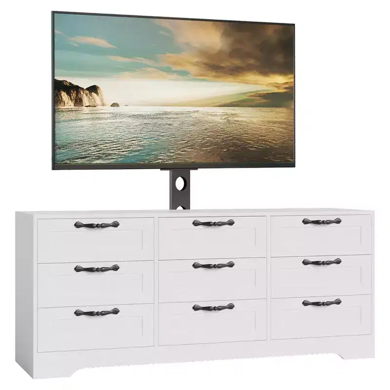 Modern 9 Drawer Dresser TV Stand with Mount for 32-85'' TVs  Ample Storage Drawers  Sturdy Media Console Table  Bedroom or Living Room  Black