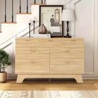 Commode Mid-Century Moderne à 7 tiroirs pour chambre - Commode en chêne de 119 cm de large avec poignées dorées - Armoire de rangement en bois cannelé - Polyvalente pour dressing