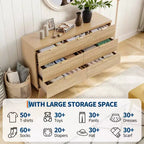 Commode Mid-Century Moderne à 7 tiroirs pour chambre - Commode en chêne de 119 cm de large avec poignées dorées - Armoire de rangement en bois cannelé - Polyvalente pour dressing