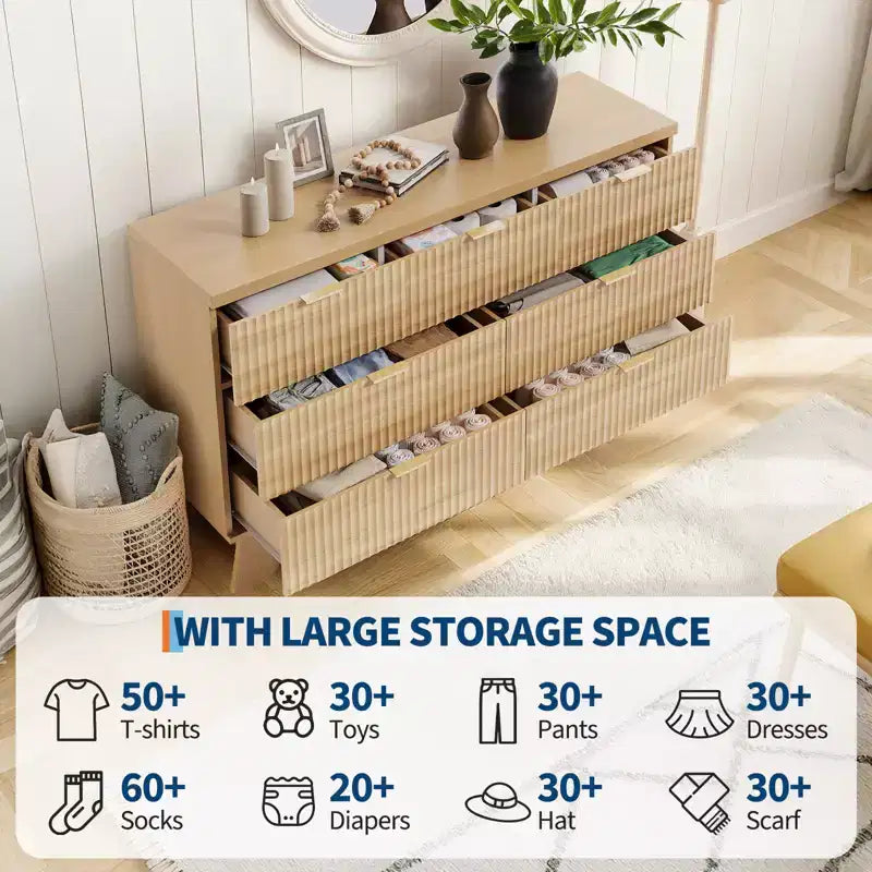 Commode Mid-Century Moderne à 7 tiroirs pour chambre - Commode en chêne de 119 cm de large avec poignées dorées - Armoire de rangement en bois cannelé - Polyvalente pour dressing
