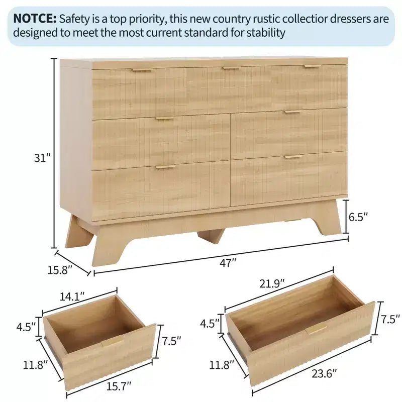 Commode Mid-Century Moderne à 7 tiroirs pour chambre - Commode en chêne de 119 cm de large avec poignées dorées - Armoire de rangement en bois cannelé - Polyvalente pour dressing