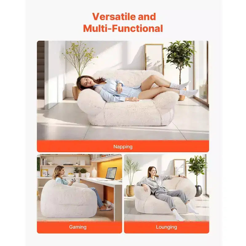 Fauteuil poire avec accoudoirs, revêtement en fausse fourrure douce et rembourrage en mousse haute densité, beige