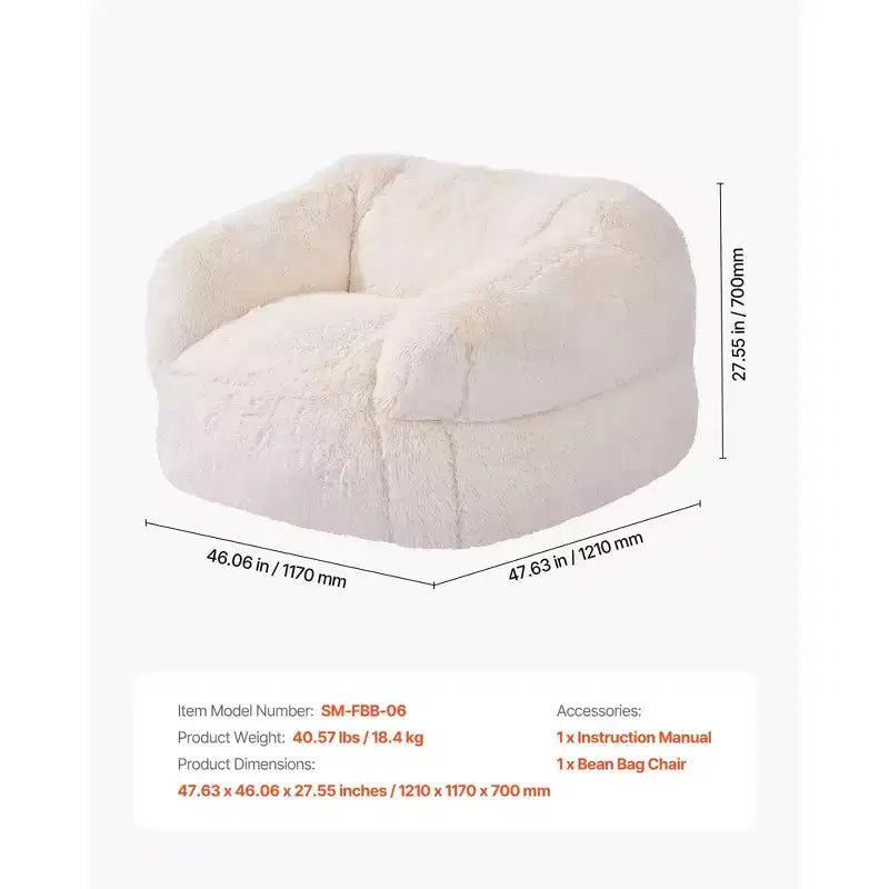 Fauteuil poire avec accoudoirs, revêtement en fausse fourrure douce et rembourrage en mousse haute densité, beige