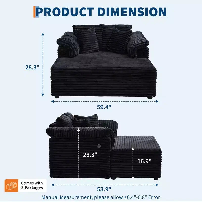 Chaise longue surdimensionnée pour l'intérieur, canapé-lit confortable en velours côtelé, coussins décoratifs, accoudoirs de soutien, pour salon, salle de cinéma, chambre à coucher