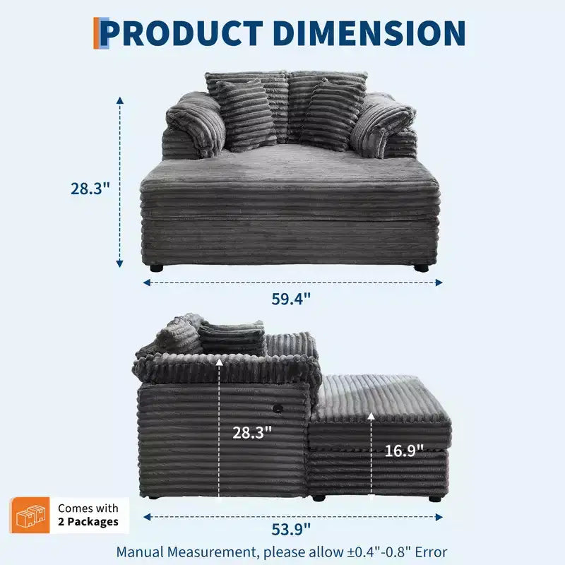 Chaise longue surdimensionnée pour l'intérieur, canapé-lit confortable en velours côtelé, coussins décoratifs, accoudoirs de soutien, pour salon, salle de cinéma, chambre à coucher