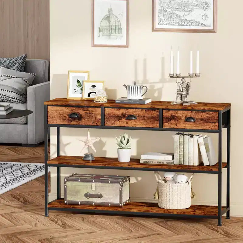 47in Wooden Rustic Brown Industrial Console Sofa Table With 3 Storage Drawers 3 Tier Display Shelves Behind Couch Entryway Living Room Foyer Hallway