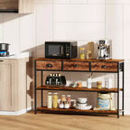 Table console rustique marron industriel en bois de 120 cm avec 3 tiroirs de rangement et 3 étagères de présentation derrière le canapé pour entrée, salon ou couloir