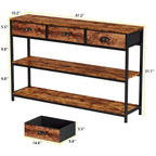 Table console rustique marron industriel en bois de 120 cm avec 3 tiroirs de rangement et 3 étagères de présentation derrière le canapé pour entrée, salon ou couloir