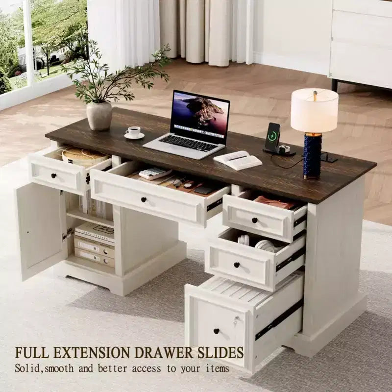 Dyonery 60 Bureau d'ordinateur de ferme avec station de recharge, bureau de direction avec tiroir et meuble de rangement pour le bureau à domicile, bois rustique