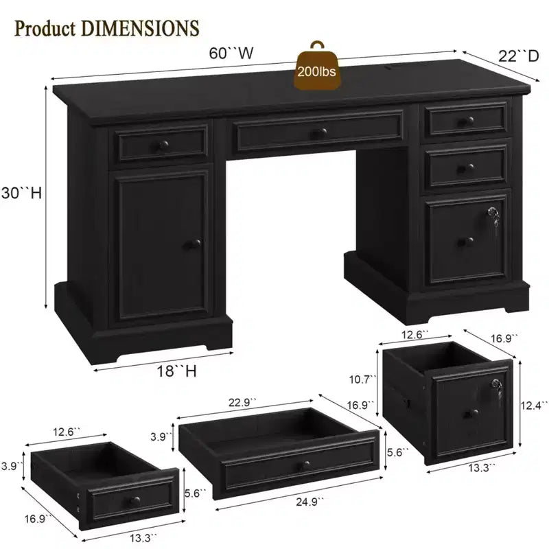 Dyonery 60 Bureau d'ordinateur de ferme avec station de recharge, bureau de direction avec tiroir et meuble de rangement pour le bureau à domicile, bois rustique