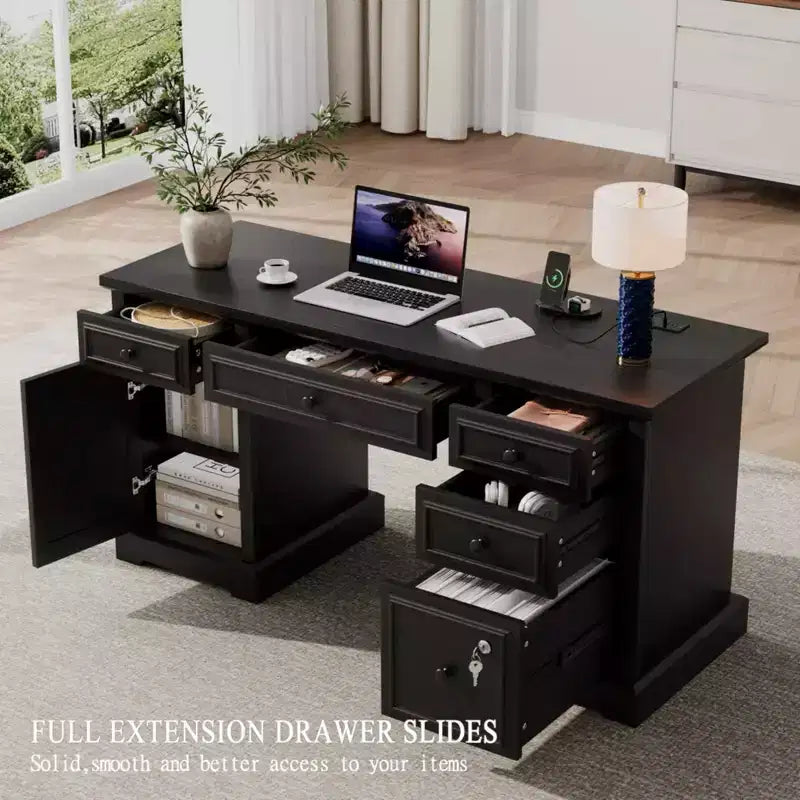 Dyonery 60 Bureau d'ordinateur de ferme avec station de recharge, bureau de direction avec tiroir et meuble de rangement pour le bureau à domicile, bois rustique