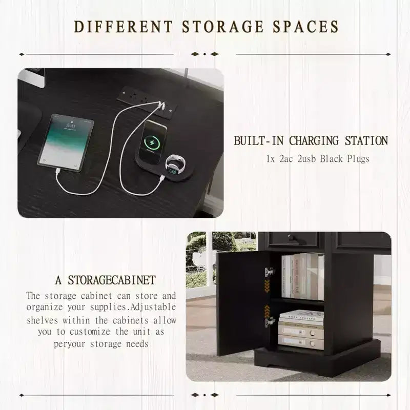Dyonery 60 Bureau d'ordinateur de ferme avec station de recharge, bureau de direction avec tiroir et meuble de rangement pour le bureau à domicile, bois rustique