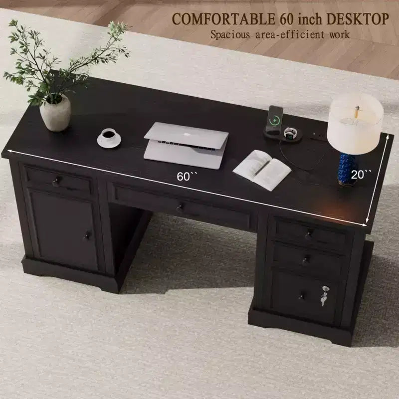 Dyonery 60 Bureau d'ordinateur de ferme avec station de recharge, bureau de direction avec tiroir et meuble de rangement pour le bureau à domicile, bois rustique