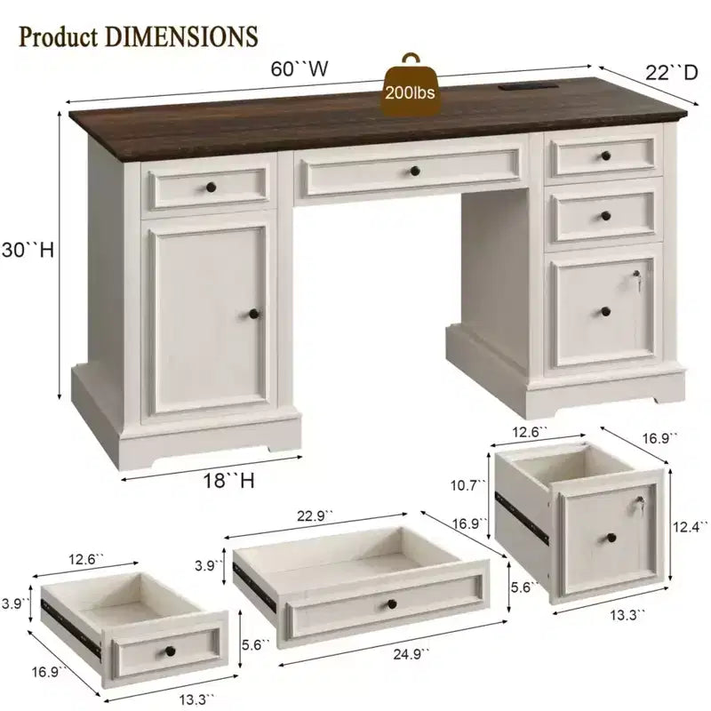 Dyonery 60 Bureau d'ordinateur de ferme avec station de recharge, bureau de direction avec tiroir et meuble de rangement pour le bureau à domicile, bois rustique