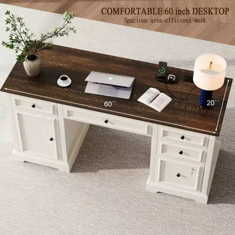 Dyonery 60 Bureau d'ordinateur de ferme avec station de recharge, bureau de direction avec tiroir et meuble de rangement pour le bureau à domicile, bois rustique