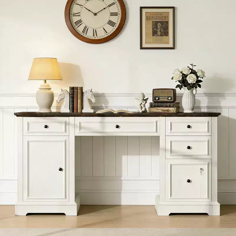 Dyonery 60 Bureau d'ordinateur de ferme avec station de recharge, bureau de direction avec tiroir et meuble de rangement pour le bureau à domicile, bois rustique