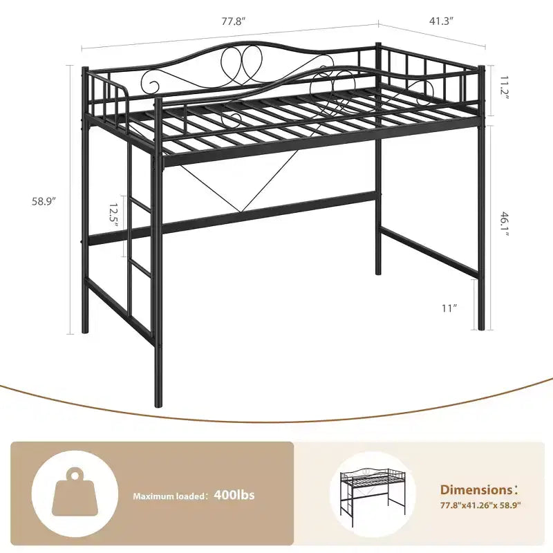 Lit mezzanine double avec échelle amovible et garde-corps de sécurité intégral, lit mezzanine double avec cadre en métal robuste d'une capacité de 180 kg, gain de place.