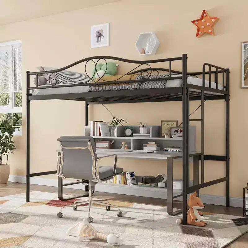 Lit mezzanine double avec échelle amovible et garde-corps de sécurité intégral, lit mezzanine double avec cadre en métal robuste d'une capacité de 180 kg, gain de place.