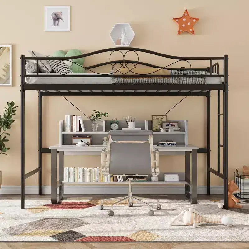 Lit mezzanine double avec échelle amovible et garde-corps de sécurité intégral, lit mezzanine double avec cadre en métal robuste d'une capacité de 180 kg, gain de place.