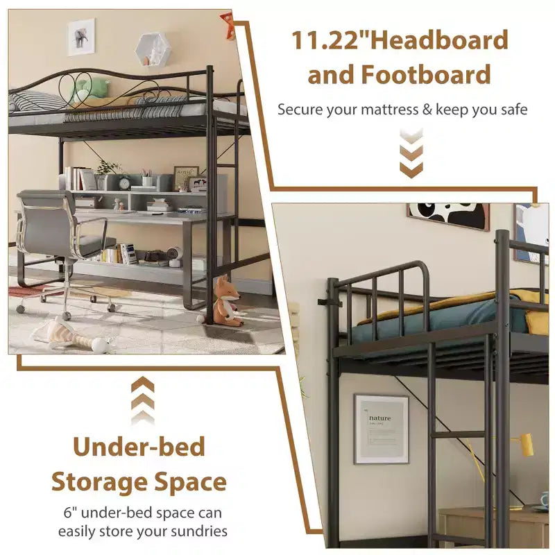 Lit mezzanine double avec échelle amovible et garde-corps de sécurité intégral, lit mezzanine double avec cadre en métal robuste d'une capacité de 180 kg, gain de place.