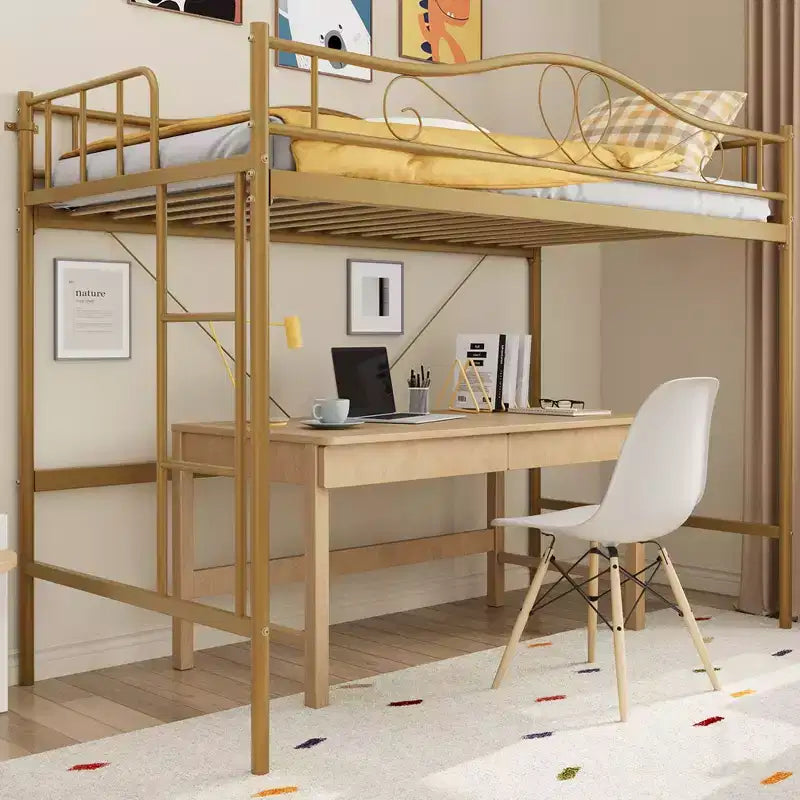 Lit mezzanine double avec échelle amovible et garde-corps de sécurité intégral, lit mezzanine double avec cadre en métal robuste d'une capacité de 180 kg, gain de place.