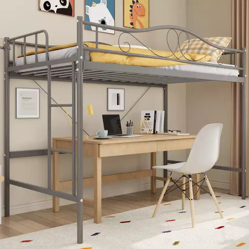 Lit mezzanine double avec échelle amovible et garde-corps de sécurité intégral, lit mezzanine double avec cadre en métal robuste d'une capacité de 180 kg, gain de place.