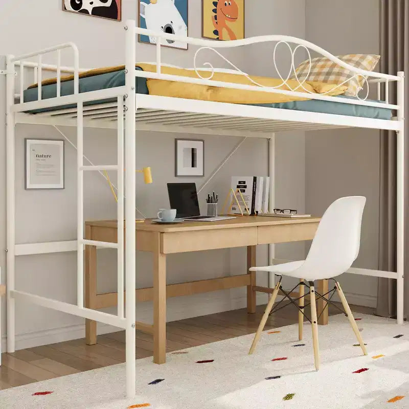 Lit mezzanine double avec échelle amovible et garde-corps de sécurité intégral, lit mezzanine double avec cadre en métal robuste d'une capacité de 180 kg, gain de place.