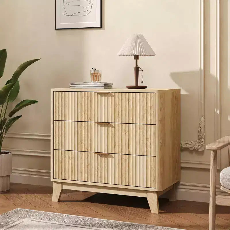 3-Drawer Fluted Nightstand, Modern Side Table with Metal Handles, 27 Wide Natural Oak Storage End Table for Bedroom, Living Room, Closet