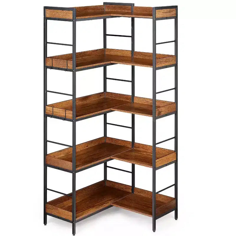 5-Tier L-Shape Corner Bookshelf  65 Industrial Wood & Metal Bookcase (Rustic Brown)  Reversible Storage for Living Room, Bedroom & Home Office
