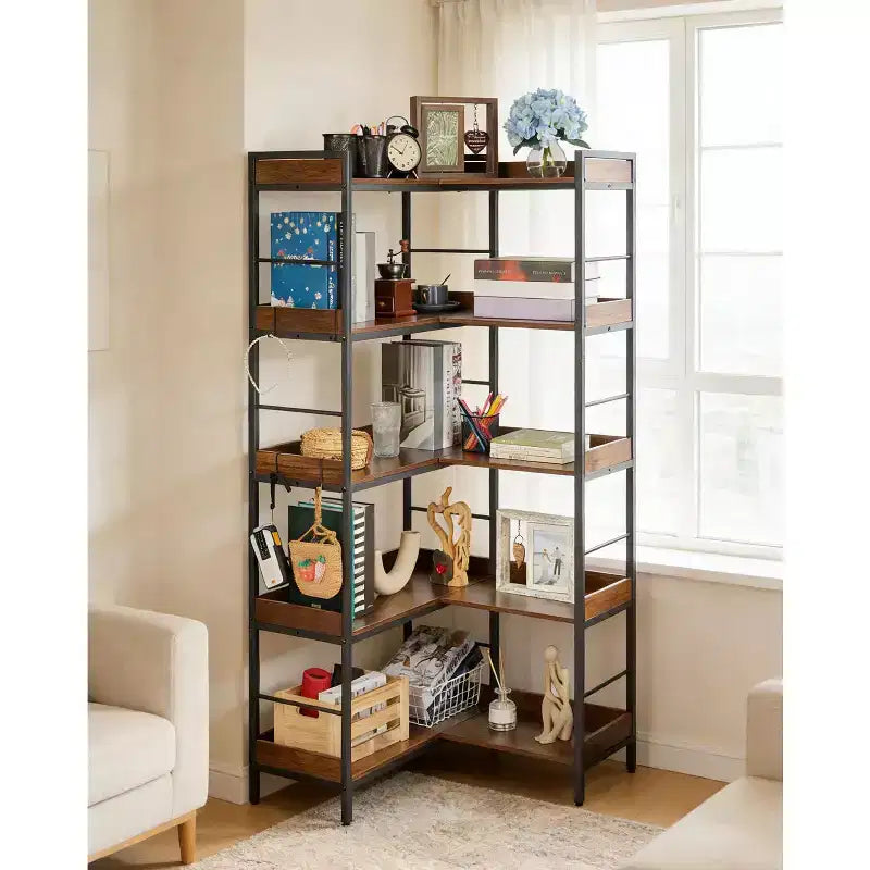 Étagère d'angle en forme de L à 5 niveaux Bibliothèque industrielle en bois et métal de 165 cm (Marron rustique) Rangement réversible pour salon, chambre et bureau à domicile