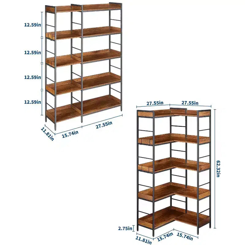 Étagère d'angle en forme de L à 5 niveaux Bibliothèque industrielle en bois et métal de 165 cm (Marron rustique) Rangement réversible pour salon, chambre et bureau à domicile