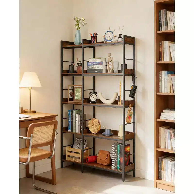 Étagère d'angle en forme de L à 5 niveaux Bibliothèque industrielle en bois et métal de 165 cm (Marron rustique) Rangement réversible pour salon, chambre et bureau à domicile