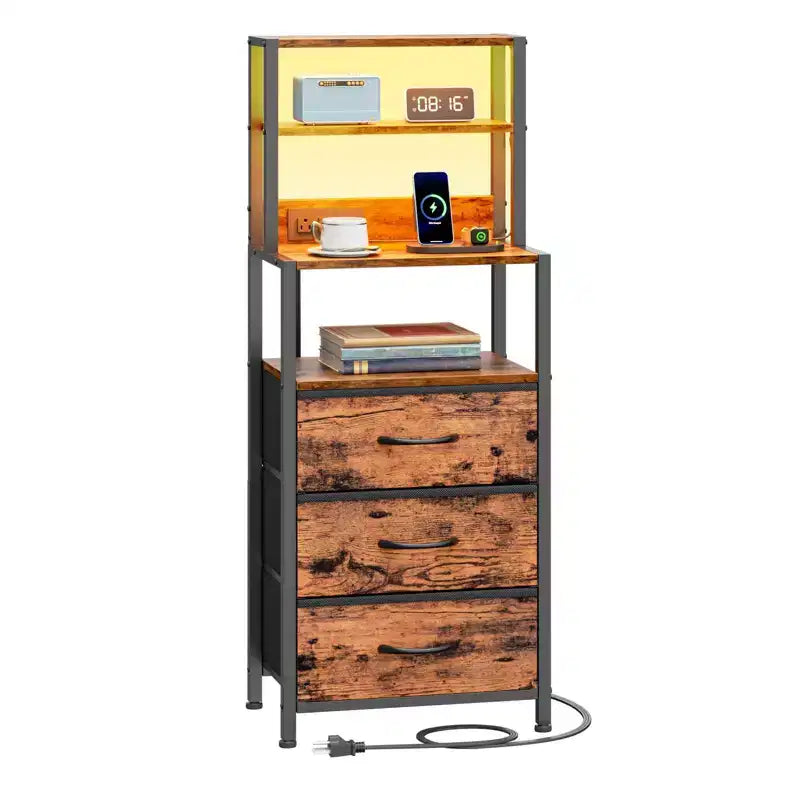 Table de chevet haute et étroite marron avec 4 étagères de rangement, 3 tiroirs en tissu PU, table d'appoint moderne pour chambre et salon