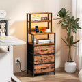 Tall Brown Nightstand 4 Tier Storage Shelves 3 PU Fabric Drawers Modern Bedside Table Narrow Accent Side End Table Organizer for Bedroom Living Room