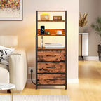 Table de chevet haute et étroite marron avec 4 étagères de rangement, 3 tiroirs en tissu PU, table d'appoint moderne pour chambre et salon