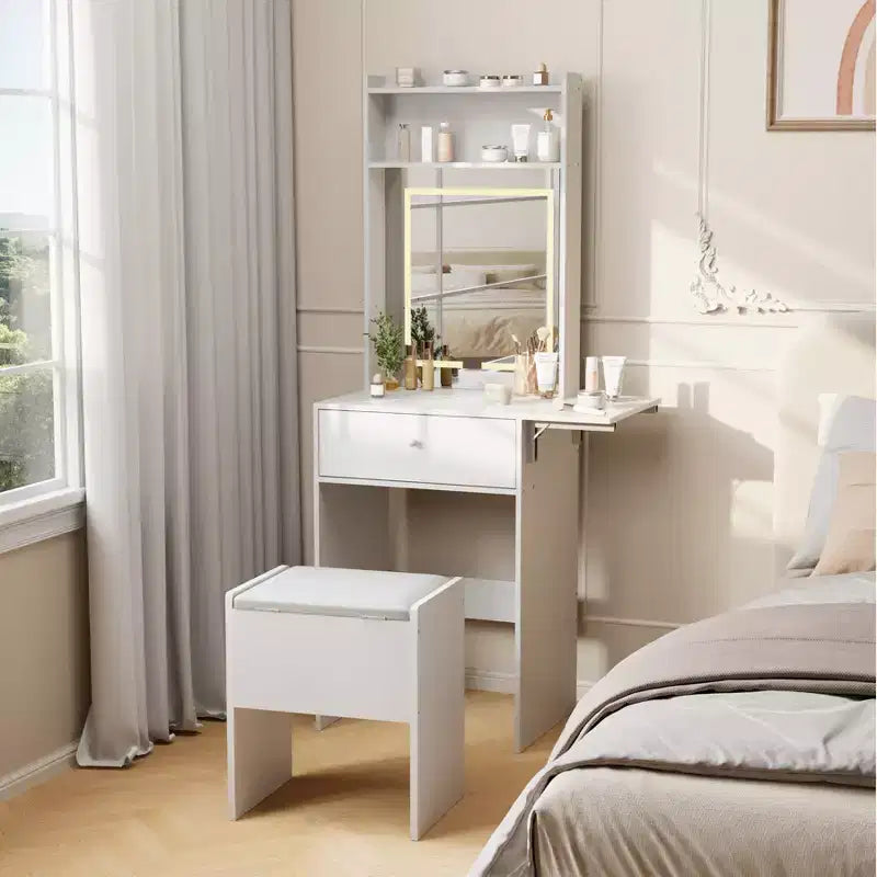 Compact dressing table with smart LED mirror, integrated power outlets - Foldable top - Storage chair and open shelves - Ideal for bedroom