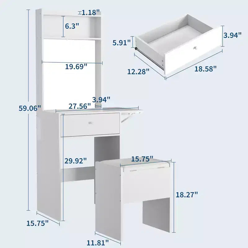Coiffeuse compacte avec miroir LED intelligent, prises intégrées - Plateau pliable - Chaise de rangement et étagères ouvertes - Idéale pour chambre à coucher
