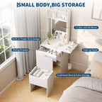 Coiffeuse compacte avec miroir LED intelligent, prises intégrées - Plateau pliable - Chaise de rangement et étagères ouvertes - Idéale pour chambre à coucher