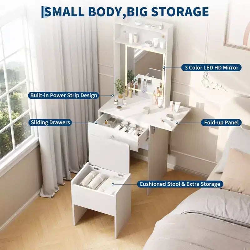 Coiffeuse compacte avec miroir LED intelligent, prises intégrées - Plateau pliable - Chaise de rangement et étagères ouvertes - Idéale pour chambre à coucher