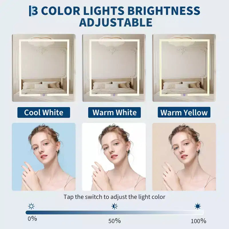 Coiffeuse compacte avec miroir LED intelligent, prises intégrées - Plateau pliable - Chaise de rangement et étagères ouvertes - Idéale pour chambre à coucher